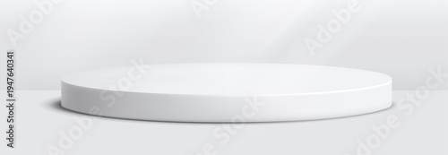 Round podium platform for product presentation. Minimal pedestal stage for display, showcase, advertising, branding. Modern design concept. Vector illustration. Realistic 3D scene mockup. White color.