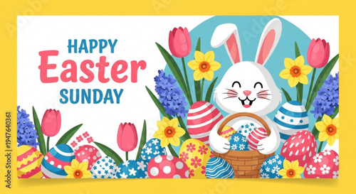 Happy easter sunday bunny with colorful eggs and flowers in basket