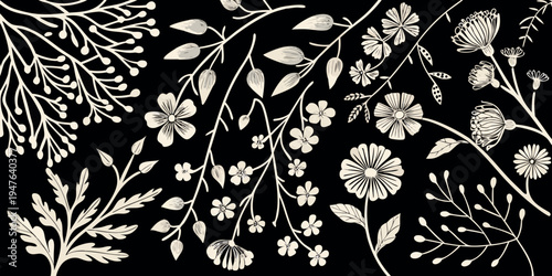 Elegant botanical illustration featuring delicate flowers and foliage on black