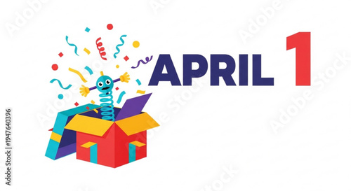 Colorful gift box with confetti and april 1 text for april fools' day celebration