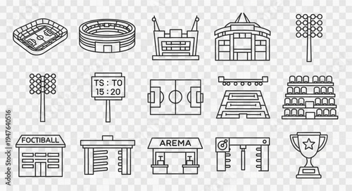 Collection of stadium and sports venue line art illustrations.