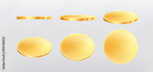 Round podium platform for product presentation. Minimal pedestal stage for display, showcase, advertising, branding. Modern design concept. Vector illustration. Different angles rotation. Golden coin.
