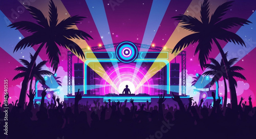 Vibrant nighttime outdoor music festival with dj on stage surrounded by palm trees under starry sky