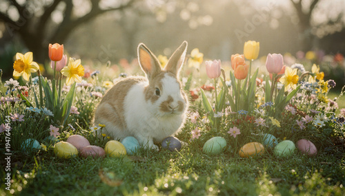 Cute rabbit surrounded by colorful flowers and Easter eggs in a bright spring garden with soft sunlight filtering through trees