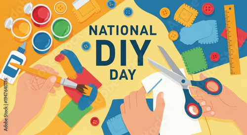 National diy day illustration with hands using tools and supplies on a colorful worktable