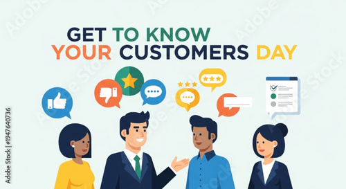 Get to know your customers day people communicating with speech bubbles and icons on a light background