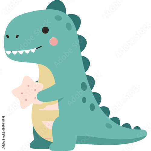 A smiling dinosaur holds a starfish on a simple background