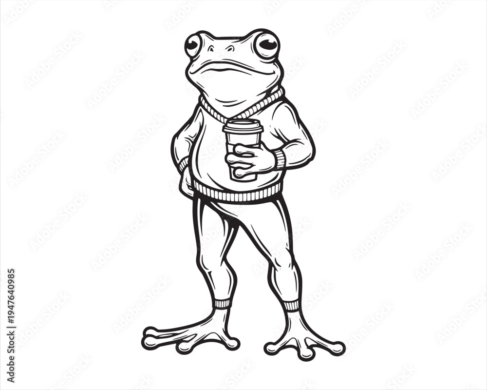 Obraz premium Cute Frog Holding Coffee Cup Line Art Illustration – Cartoon Frog Character
