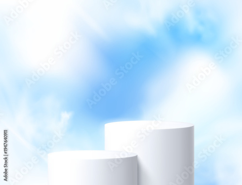 Round podium platform for product presentation. Minimal pedestal stage for display, showcase, advertising, branding. Sky and clouds background. Vector illustration. Realistic scene mockup. White color