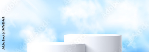 Round podium platform for product presentation. Minimal pedestal stage for display, showcase, advertising, branding. Sky and clouds background. Vector illustration. Realistic scene mockup. White color