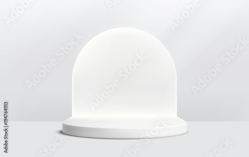 Round podium platform for product presentation. Minimal pedestal stage for display, showcase, advertising, branding. Modern design concept. Vector illustration. Realistic 3D scene mockup. White color.