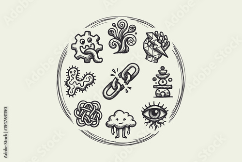 Hand-Drawn Surreal and Mystical Icon Set Circular Illustration