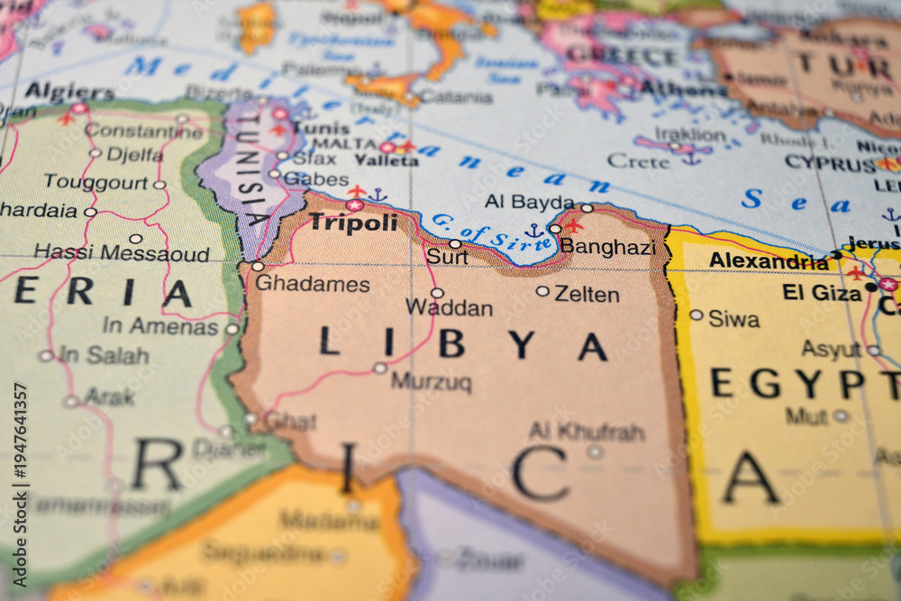 Naklejka premium Defocused World Map Background Showing Sirte Location Top View Geography and Travel Concept