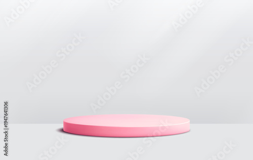 Round podium platform for product presentation. Minimal pedestal stage for display, showcase, advertising, branding. Modern design concept. Vector illustration. Realistic 3D scene mockup. Pink color.