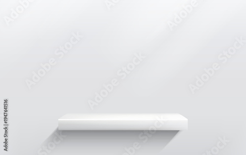 Rectangular podium platform for product presentation. Minimal pedestal stage for display, showcase, advertising, branding. Vector illustration. Realistic 3D scene mockup. White color shelf.