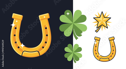 Lucky symbols collection with golden horseshoe, four-leaf clover, and star for good fortune
