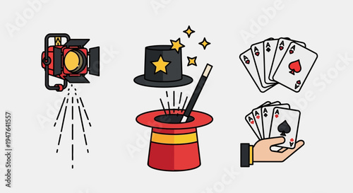 Magic and Entertainment Icons Set: Spotlight, Magician's Hat, Wand, and Playing Cards