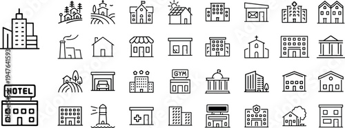 Hotel, hospital, apartament, city, town house, mall, coffee, collection.Building web icons in line style. Editable stroke. Vector illustration.eps