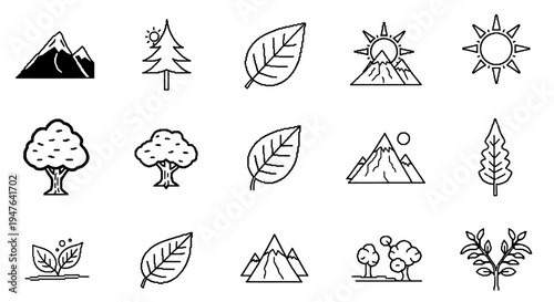 Nature Icons: Mountains, Trees, Leaves, Sun, and Landscape Elements