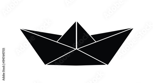 A simple black silhouette of a paper boat sharply angled and geometric
