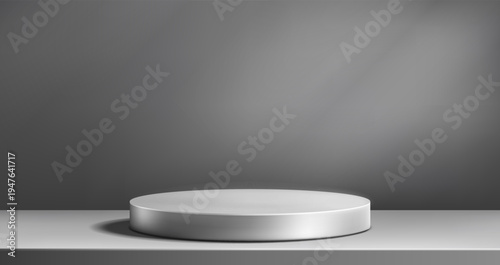 Round podium platform for product presentation. Minimal pedestal stage for display, showcase, advertising, branding. Modern design concept. Vector illustration. Realistic 3D scene mockup. Grey color.