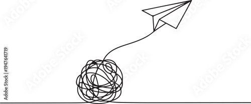 with paper plane and tangled ball. Symbol of confused mind and problems and support to untangle knot. one line art icon drawing vector