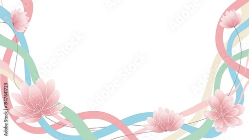 Elegant Pink Floral Frame with Pastel Wavy Ribbons on White Background for Wedding Invitation Card Design and Beautiful Abstract Spring Backdrop