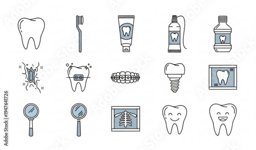 Dental icons vector set with tooth, toothbrush, floss, braces, implant, and oral care symbols