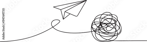 with paper plane and tangled ball. Symbol of confused mind and problems and support to untangle knot. one line art icon drawing vector