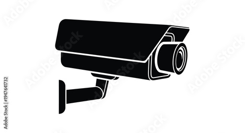A black silhouette of a modern security camera on a white background
