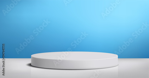 Round podium platform for product presentation. Minimal pedestal stage for display, showcase, advertising, branding. Modern design concept. Vector illustration. Realistic 3D scene mockup. Blue color.