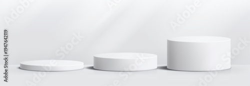 Round podium platform for product presentation. Minimal pedestal stage for display, showcase, advertising, branding. Modern design concept. Vector illustration. Realistic 3D scene mockup. White color.