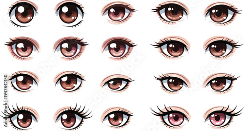Anime eyes collection set, manga female eye expressions with eyelashes, cute Japanese cartoon style vector illustration isolated