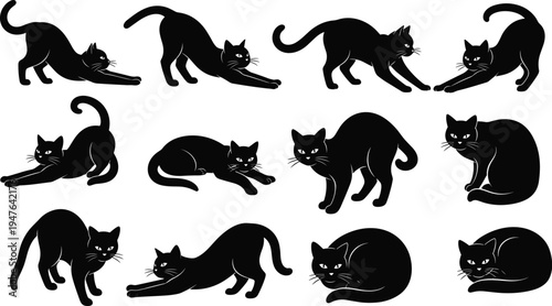 Stretching and Relaxing Black Cat Silhouettes for Pet, Animal Illustration, and Relaxation Designs