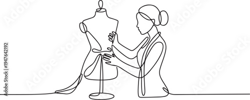 A seamstress works with a mannequin. one line art icon drawing vector