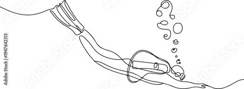 The concept of sport is a journey of scuba diving. one line art icon drawing vector