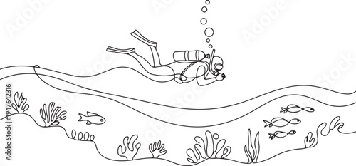 The concept of sport is a journey of scuba diving. one line art icon drawing vector