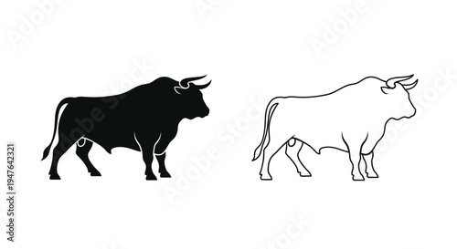 Two depictions of a bull a solid black silhouette and a white outline