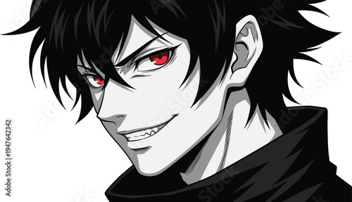 Anime villain face illustration, red glowing eyes character, dark manga style portrait, evil smile boy, black hair anime vector