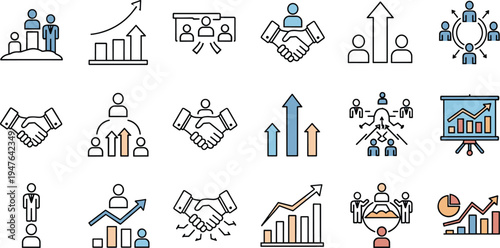 Business Growth, Collaboration, and Leadership Icons for Teamwork, Organizational Success, and Strategic Planning