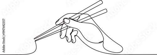 hand holds chopsticks. Asian traditional cutlery. one line art icon drawing vector