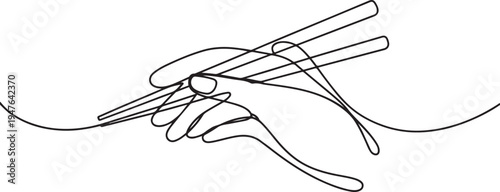 hand holds chopsticks. Asian traditional cutlery. one line art icon drawing vector