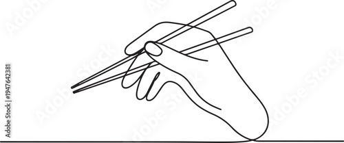 hand holds chopsticks. Asian traditional cutlery. one line art icon drawing vector