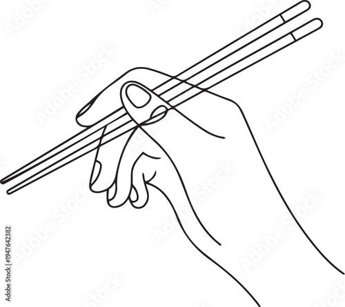 hand holds chopsticks. Asian traditional cutlery. one line art icon drawing vector