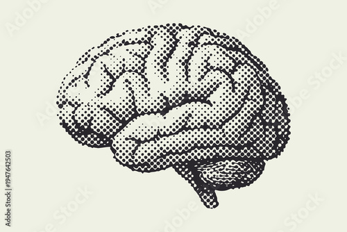 Halftone Human Brain Illustration in Vintage Stippled Style