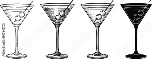 Martini Glass Set Illustrations with Olive Garnishes for Bar, Cocktail Menu, Beverage Branding, and Drink-related Designs