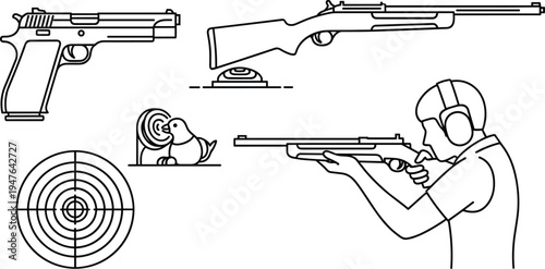 Shooting Sports Equipment and Target Practice Illustrations for Hunting, Shooting Ranges, and Competitive Sports Designs