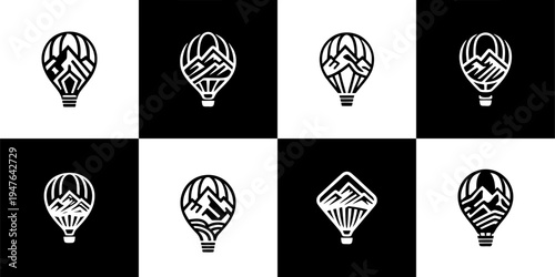 Icon Set Vector of 8 Hot Air Balloon and Mountain Peak Badges
