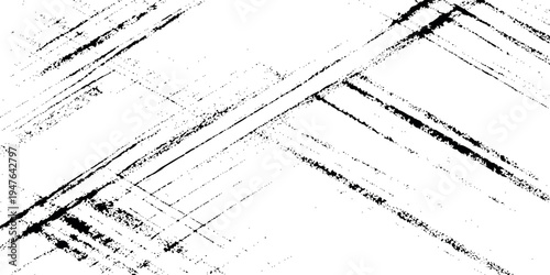 Minimalist diagonal lines and a distressed, grainy grunge texture to create a dynamic sense of motion and artistic grit on white background