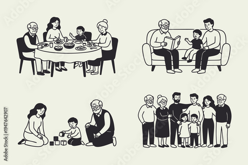 Multi-generational Family Activities and Bonding Line Art Illustrations